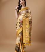 Digital Print Zari Tussur Silk  Saree With Multicolored Cotton Tussle At Pallu