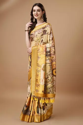 Digital Print Zari Tussur Silk  Saree With Multicolored Cotton Tussle At Pallu