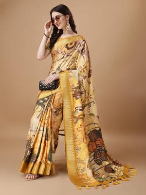 Digital Print Zari Tussur Silk  Saree With Multicolored Cotton Tussle At Pallu 3