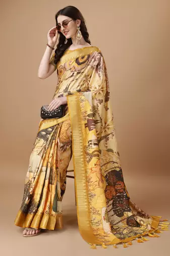 Digital Print Zari Tussur Silk  Saree With Multicolored Cotton Tussle At Pallu