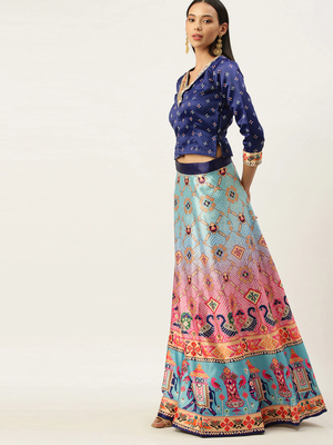 Bandhni Patola Type Digital Print Shiney Satin Croptop Lehenga Choli With Unstitched Blouse For Women and Girls 3