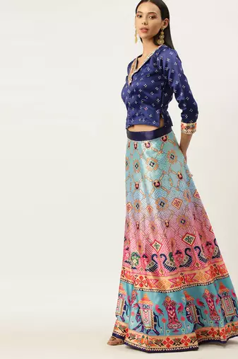 Bandhni Patola Type Digital Print Shiney Satin Croptop Lehenga Choli With Unstitched Blouse For Women and Girls