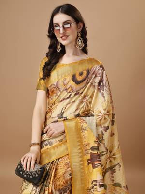 Digital Print Zari Tussur Silk  Saree With Multicolored Cotton Tussle At Pallu 4