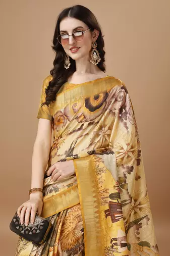 Digital Print Zari Tussur Silk  Saree With Multicolored Cotton Tussle At Pallu