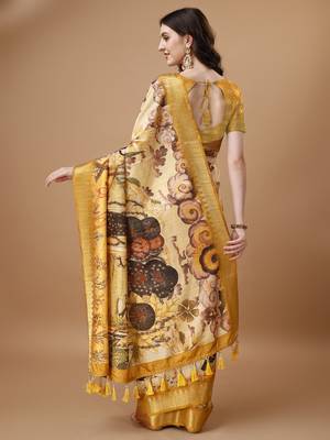 Digital Print Zari Tussur Silk  Saree With Multicolored Cotton Tussle At Pallu 5