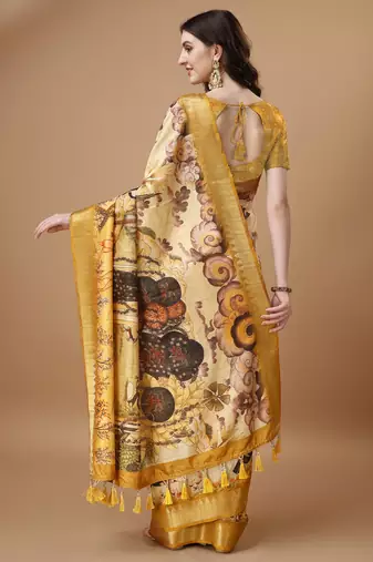 Digital Print Zari Tussur Silk  Saree With Multicolored Cotton Tussle At Pallu
