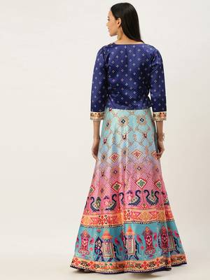 Bandhni Patola Type Digital Print Shiney Satin Croptop Lehenga Choli With Unstitched Blouse For Women and Girls 4