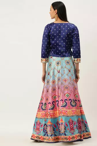 Bandhni Patola Type Digital Print Shiney Satin Croptop Lehenga Choli With Unstitched Blouse For Women and Girls