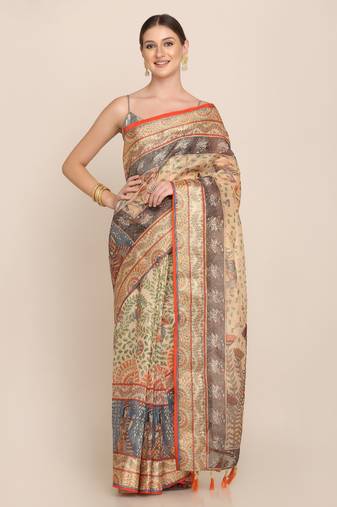 Digital Print Rapier Jequared Saree With Unstitched Blouse And Beautiful Multicoloured Thred Work At Pallu