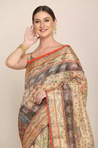 Digital Print Rapier Jequared Saree With Unstitched Blouse And Beautiful Multicoloured Thred Work At Pallu
