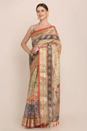 Digital Print Rapier Jequared Saree With Unstitched Blouse And Beautiful Multicoloured Thred Work At Pallu