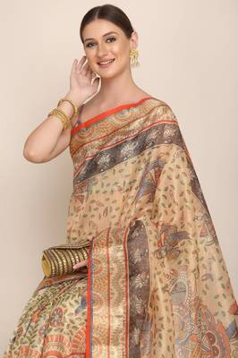 Digital Print Rapier Jequared Saree With Unstitched Blouse And Beautiful Multicoloured Thred Work At Pallu 5
