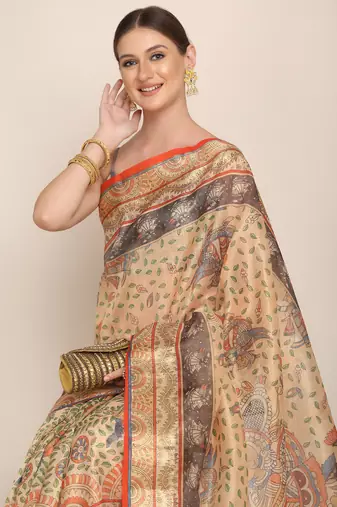 Digital Print Rapier Jequared Saree With Unstitched Blouse And Beautiful Multicoloured Thred Work At Pallu