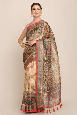 Digital Print Rapier Jequared Saree With Unstitched Blouse And Beautiful Multicoloured Thred Work At Pallu 1