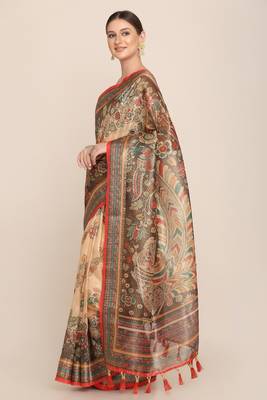 Digital Print Rapier Jequared Saree With Unstitched Blouse And Beautiful Multicoloured Thred Work At Pallu 2