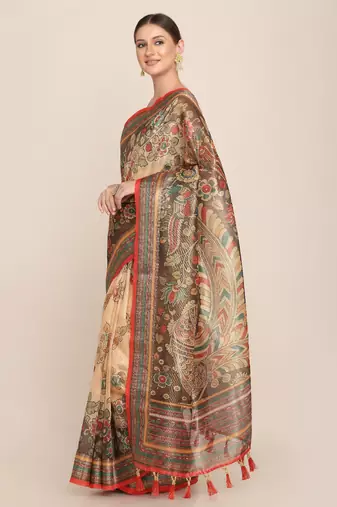 Digital Print Rapier Jequared Saree With Unstitched Blouse And Beautiful Multicoloured Thred Work At Pallu