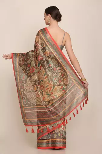Digital Print Rapier Jequared Saree With Unstitched Blouse And Beautiful Multicoloured Thred Work At Pallu