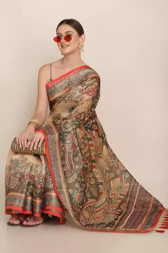 Digital Print Rapier Jequared Saree With Unstitched Blouse And Beautiful Multicoloured Thred Work At Pallu