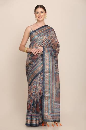 Digital Print Rapier Jequared Saree With Unstitched Blouse And Beautiful Multicoloured Thred Work At Pallu