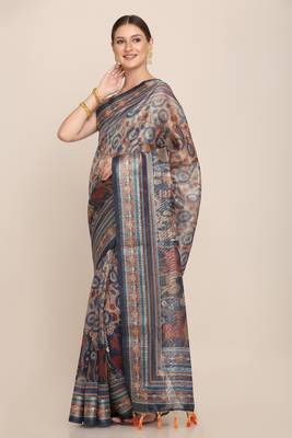 Digital Print Rapier Jequared Saree With Unstitched Blouse And Beautiful Multicoloured Thred Work At Pallu 2