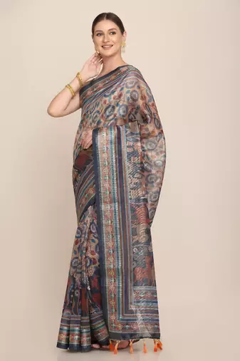 Digital Print Rapier Jequared Saree With Unstitched Blouse And Beautiful Multicoloured Thred Work At Pallu