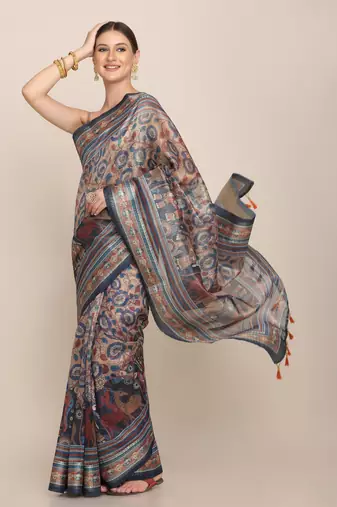 Digital Print Rapier Jequared Saree With Unstitched Blouse And Beautiful Multicoloured Thred Work At Pallu