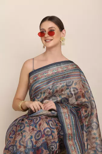 Digital Print Rapier Jequared Saree With Unstitched Blouse And Beautiful Multicoloured Thred Work At Pallu