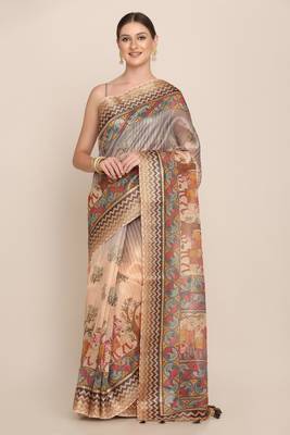 Digital Print Rapier Jequared Saree With Unstitched Blouse And Beautiful Multicoloured Thred Work At Pallu 1