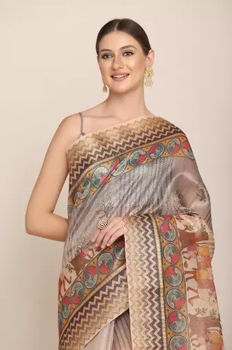 Digital Print Rapier Jequared Saree With Unstitched Blouse And Beautiful Multicoloured Thred Work At Pallu