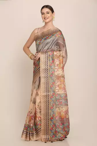 Digital Print Rapier Jequared Saree With Unstitched Blouse And Beautiful Multicoloured Thred Work At Pallu