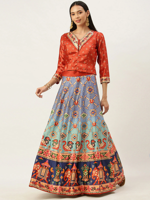 Bandhni Patola Type Digital Print Shiney Satin Croptop Lehenga Choli With Unstitched Blouse For Women and Girls 1
