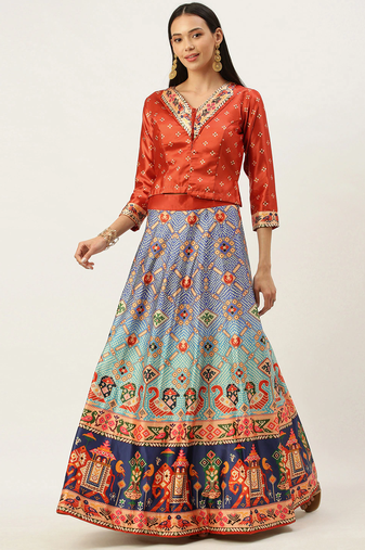 Bandhni Patola Type Digital Print Shiney Satin Croptop Lehenga Choli With Unstitched Blouse For Women and Girls
