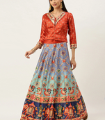 Bandhni Patola Type Digital Print Shiney Satin Croptop Lehenga Choli With Unstitched Blouse For Women and Girls