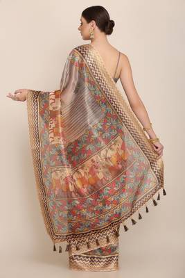 Digital Print Rapier Jequared Saree With Unstitched Blouse And Beautiful Multicoloured Thred Work At Pallu 4
