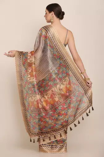 Digital Print Rapier Jequared Saree With Unstitched Blouse And Beautiful Multicoloured Thred Work At Pallu