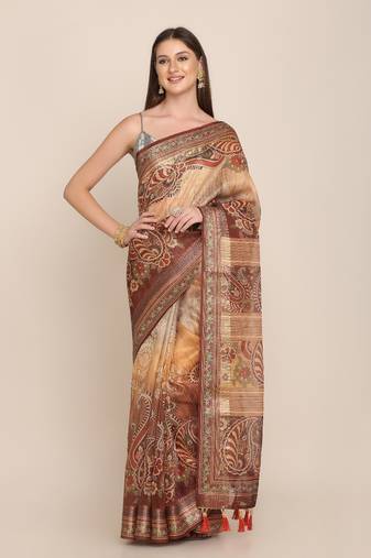 Digital Print Rapier Jequared Saree With Unstitched Blouse And Beautiful Multicoloured Thred Work At Pallu