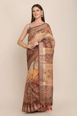 Digital Print Rapier Jequared Saree With Unstitched Blouse And Beautiful Multicoloured Thred Work At Pallu 2