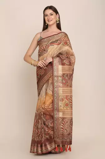 Digital Print Rapier Jequared Saree With Unstitched Blouse And Beautiful Multicoloured Thred Work At Pallu