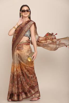Digital Print Rapier Jequared Saree With Unstitched Blouse And Beautiful Multicoloured Thred Work At Pallu 4
