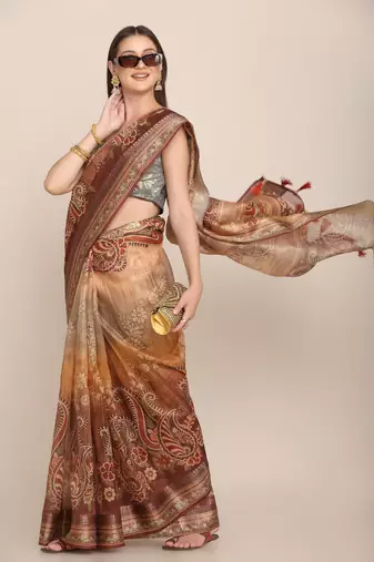 Digital Print Rapier Jequared Saree With Unstitched Blouse And Beautiful Multicoloured Thred Work At Pallu