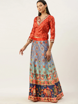 Bandhni Patola Type Digital Print Shiney Satin Croptop Lehenga Choli With Unstitched Blouse For Women and Girls 2