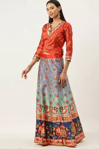 Bandhni Patola Type Digital Print Shiney Satin Croptop Lehenga Choli With Unstitched Blouse For Women and Girls