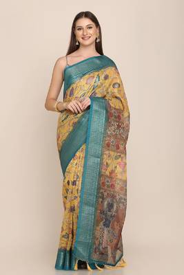 Digital Print Rapier Jequared Saree With Unstitched Blouse And Beautiful Multicoloured Thred Work At Pallu 1