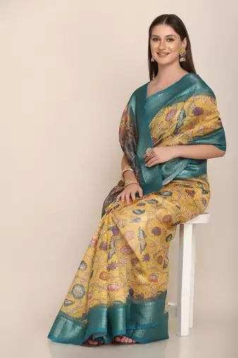 Digital Print Rapier Jequared Saree With Unstitched Blouse And Beautiful Multicoloured Thred Work At Pallu