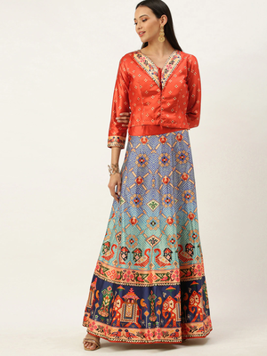 Bandhni Patola Type Digital Print Shiney Satin Croptop Lehenga Choli With Unstitched Blouse For Women and Girls 3