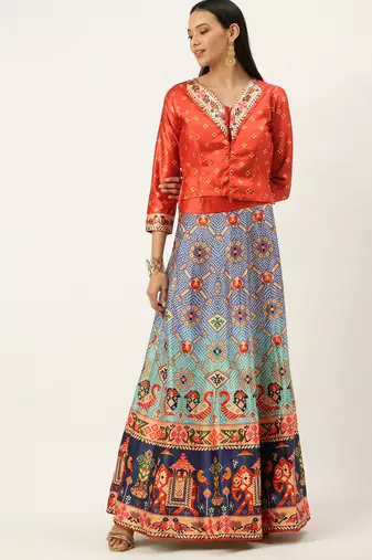 Bandhni Patola Type Digital Print Shiney Satin Croptop Lehenga Choli With Unstitched Blouse For Women and Girls