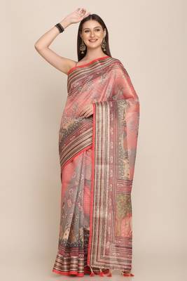 Digital Print Rapier Jequared Saree With Unstitched Blouse And Beautiful Multicoloured Thred Work At Pallu 1