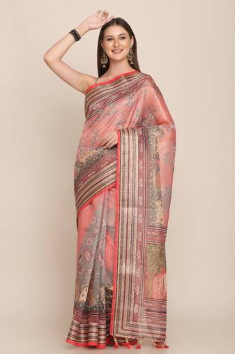 Digital Print Rapier Jequared Saree With Unstitched Blouse And Beautiful Multicoloured Thred Work At Pallu