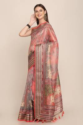 Digital Print Rapier Jequared Saree With Unstitched Blouse And Beautiful Multicoloured Thred Work At Pallu 2