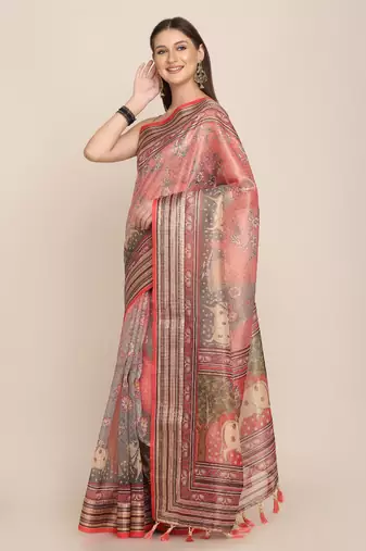 Digital Print Rapier Jequared Saree With Unstitched Blouse And Beautiful Multicoloured Thred Work At Pallu
